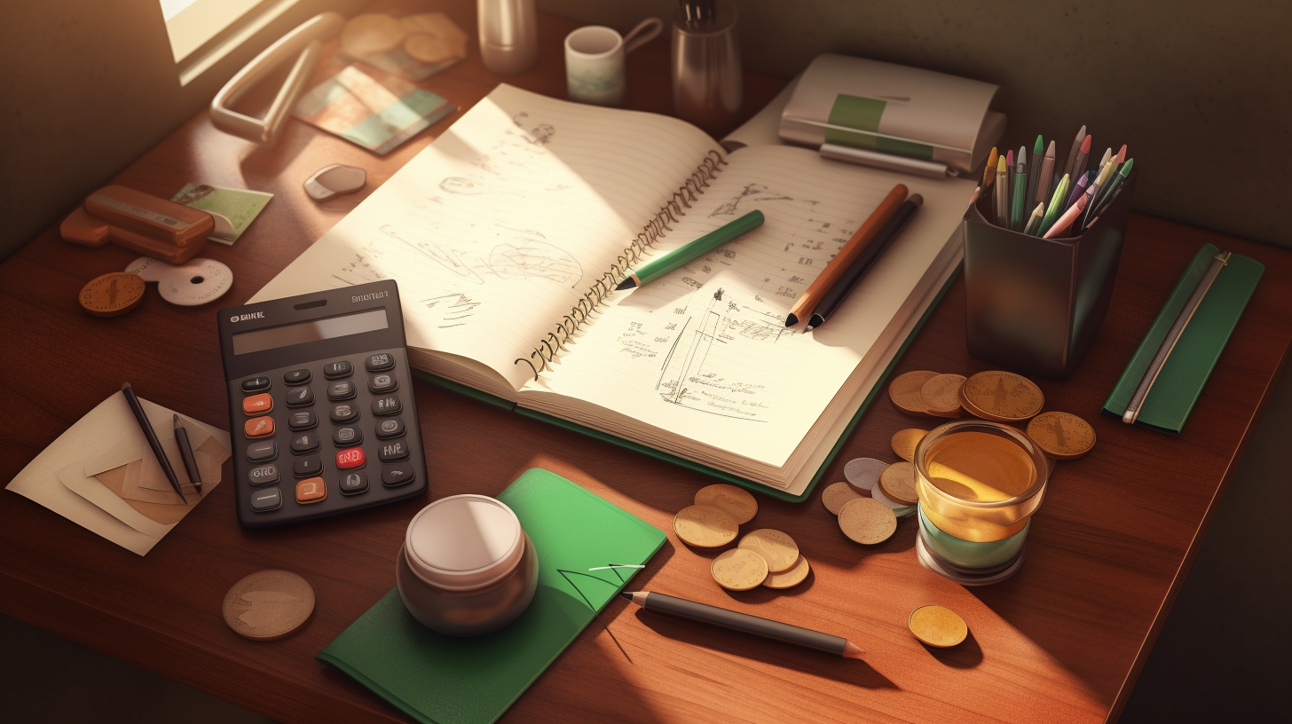 Mesa organizada com calculadora, caderno e gráficos, simbolizando um orçamento mensal eficiente.