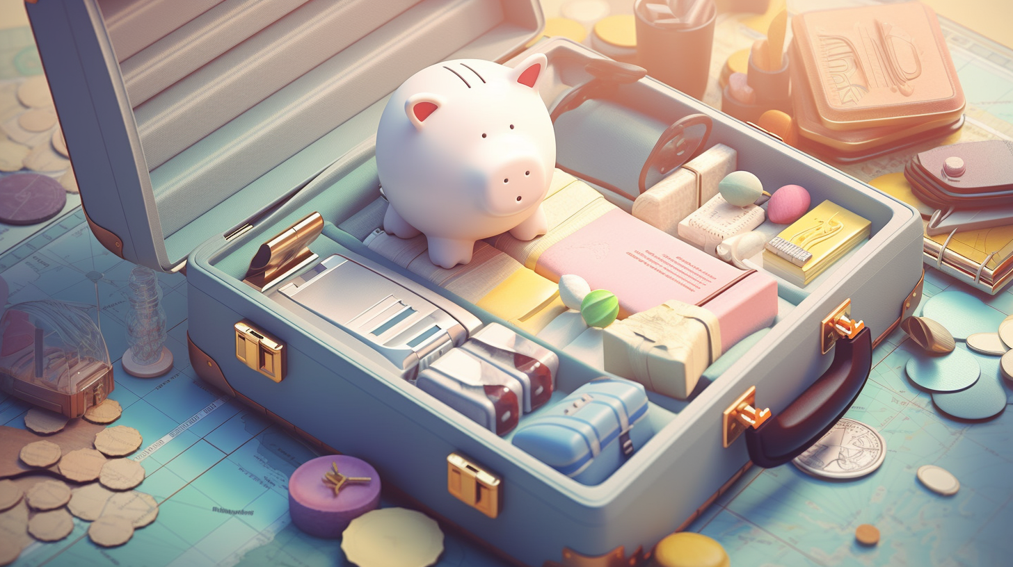 Mala de viagem cercada por moedas e um cofrinho, simbolizando o planejamento financeiro para viajar.