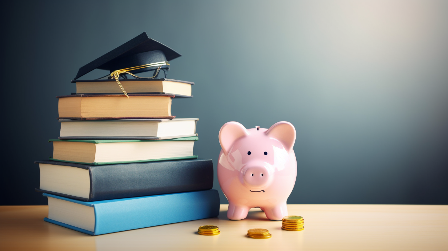Cofrinho e livros sobre uma mesa, simbolizando educação financeira para crianças.