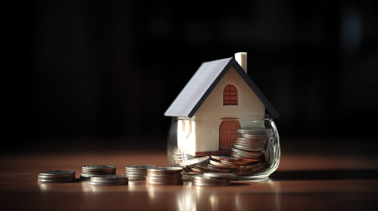 Modelo de casa sobre moedas, representando o planejamento financeiro para comprar a casa própria.